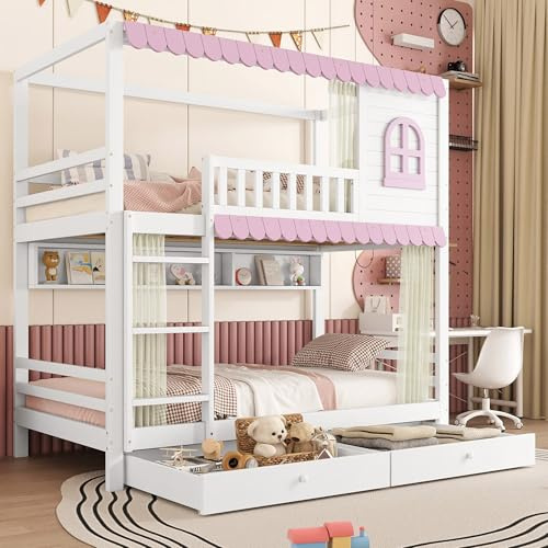 Trdlpyn Letti a Castello per 2 Bambini 90x200cm con Finestre e Tende, 2 Rete a Doghe, Letto Matrimoniale con Ripiano Aperto e Due Cassetti, Gronda Rosa, Pino+MDF(Senza Materasso)