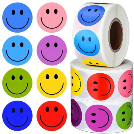 2000 Stück Smiley Aufkleber - 4 Rollen 25 mm Emoji Smiley Sticker, Bunt 8 Farben Runde Happy Face für Belohnungsaufkleber Geschenkdekorationen Partydekorationen