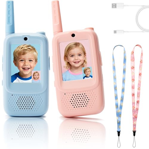 Zwei-Pack Kinder Walkie-Talkies mit Videoanrufen – Kein WLAN benötigt für 2-Wege-Video-Chat, wiederaufladbare Handy-Video-Intercoms für innen & draußen, Spielen, Camping, Geschenk (Blau/Rosa)