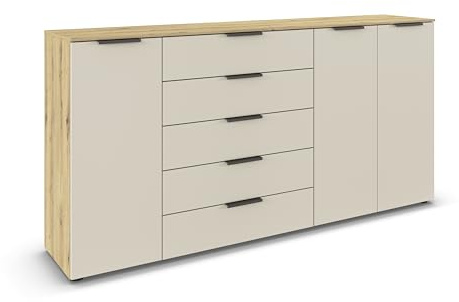 Rauch Möbel Flipp, Kommode, Farbe Beige/Eiche Artisan, Breite 199 cm | Sideboard, 3-türig, 5 Schubladen, Soft-Close-Funktion, für Schlafzimmer, Gästezimmer, Wohnzimmer, Garderobe, Flur