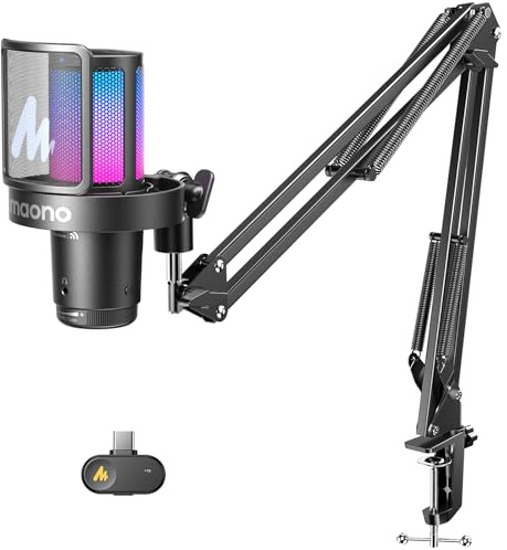 MAONO DGM20WS Micrófono Inalámbrico para PC, Micrófono USB de Condensador con Brazo para Gaming y Streaming, Reducción Ruido Táctil, Mute Rápido, Control Ganancia, RGB, Compatible PS5 Twitch Discord