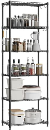 Mondeer Metallregal 6 Ebenen,Standregal, 8 Haken, 54x29x160 cm, Schwarz | Verstellbare Böden, 20 kg/Ebene. Für Küche, Wohnzimmer, Balkon. Robust, platzsparend, vielseitig.
