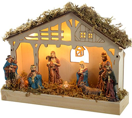 WeRChristmas Pre-Lit Christmas Wooden Nativity Scene Decoration Illuminated with 5-LED, 26 cm - White