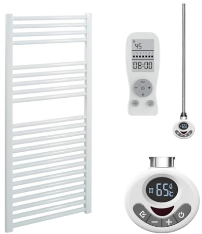Sol*Aire Heating Products Bray Straight Thermostatic Electric Heated Towel Rail/Warmer/Radiator, White, With Timer. Round Tube, 25mm Bars, High Output. For Bathroom, Kitchen, 1200 x 500