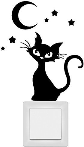 Wandtattoo Loft Sitzende Katze mit Mond und 5 Sternen für Lichtschalter, Steckdose oder einfach für die Wand/Aufkleber/Sticker/Wandaufkleber / 29 Farben/pink /