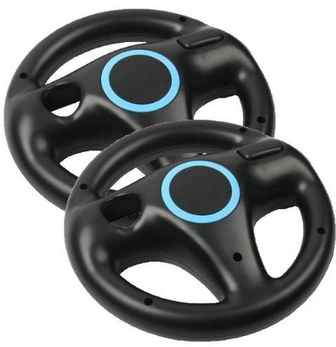 ameego Steering Wheel Design Stand Mario Kart Racing Game Steering Wheel Stand For Wii Game Controller 2PCS (Black)