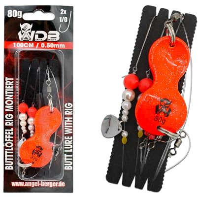 Angel-Berger Wild Devil Baits Buttlöffel Rig UV Butt Lure with Rig Butt Löffel Vorfach montiert Plattfisch Meeresvorfach Brandungsvorfach (80g, UV Red)