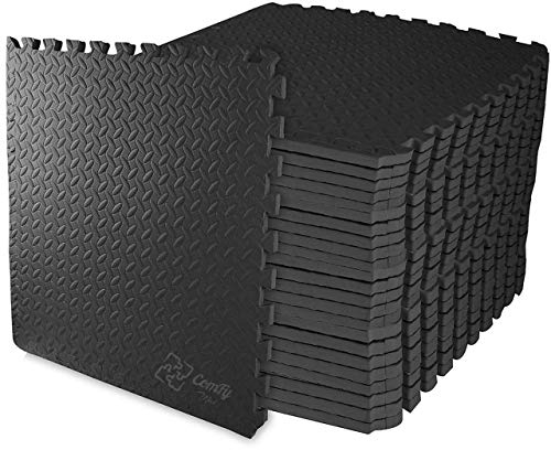 ComFy Mat Gym Flooring Mat, Foam Exercise Mats, Interlocking Puzzle EVA Floor Tiles, Non slip Rubber Cushion For Home Workout, Bonus Adhesives,24X24(60x60cm) Black 12 TILES (48 Square Feet)