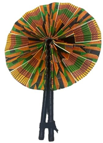 ShopHaven African Kente Hand Fan, African Ankara Print Fan, 12”x 15” Foldable Fan, Black, Multicolor