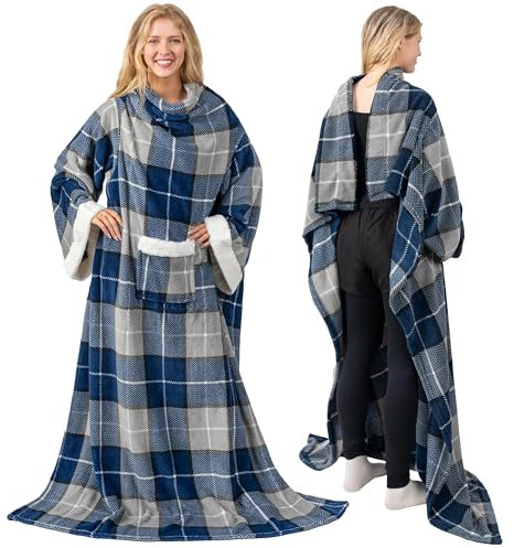 PAVILIA Deluxe Fleece Blanket with Sleeves for Adult, Men, and Women| Elegant, Cozy, Warm, Extra Soft, Plush, Functional, Lightweight Wearable Throw (Plaid Navy)