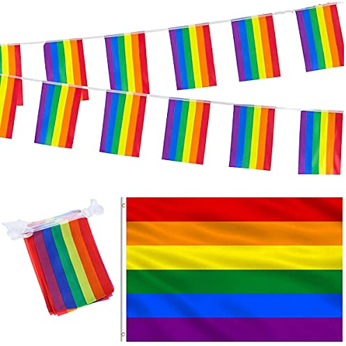 Regenbogenflaggen-Set für Gay Pride Day – große Regenbogen-Flagge zum Aufhängen, 9 x 152 cm – 5 m, Regenbogen-Banner, Wimpelkette (20 Flaggen) für den Außenbereich, LGBT-Pride-Festivaldekorationen