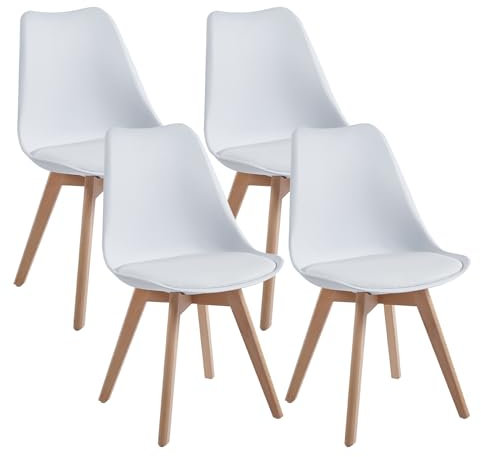 DEWINNER Chaises Salle à Manger, Chaise Cuisine Lot de 4, Chaise Scandinave Lot de 4, Chaise Bureau avec Pieds en Bois de Hêtre Massif, Chaise Blanche