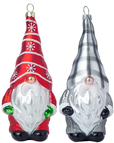 2 Stück Glas hängende Wichtel Weihnachten Ornamente, mundgeblasenes Glas Xmas Gnom Ornamente für Weihnachtsbaum Dekorationen, Rot und Schwarz Weiß Büffel Plaid Glas schwedische Tomte Santa Gnome