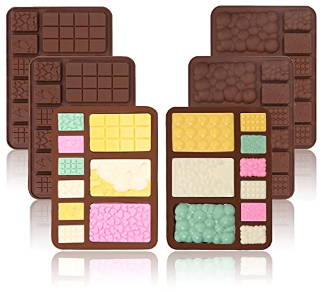 Sadodo Silicone Chocolate Moulds,Pack 6 PCS Candy Sugarcraft Cake Decoration Chocolate Bar Waffle Molds,Ice Cube Tray,Fragments Bubbles Square Jelly Mould,Gift DIY Christmas