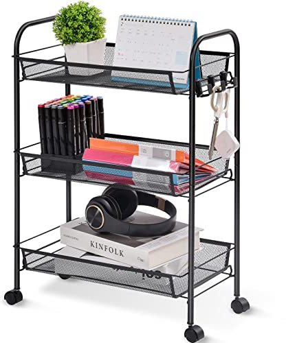 APEXCHASER 3-Tier Rolling Cart,Easy Assemble Mobile Storage Trolley On Wheels,Slide Out Utility Cart Shelving Units Kitchen Bathroom Laundry Room,Black