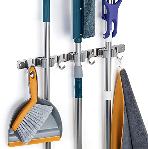 Damita Broom Holder Wall Mount Mop Hanger for Kitchen Garage Garden Metal Tool Organization - Stainless Steel Non-slip Broom Rack Mop Holder Wall Organizer 1-Pack (Silver, 3 Racks 4 Hooks)
