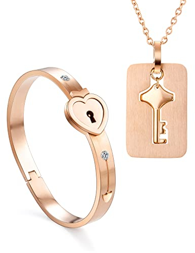 2 Stück Armreif mit Schloss Anhänger Kette Schlüssel Set für Paare,Rosegold Edelstahl Herz Sperren Armband Armbänder Damen Herren Halskette ketten für Pärchen Couple Partner Freundschaft BFF Geschenk