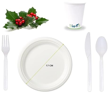 Set da tavola per feste e ricorrenze composto da 250 Piatti Ø17cm + 250 Tris Posate con Tovagliolo + 250 Bicchieri monouso 180ml (250)