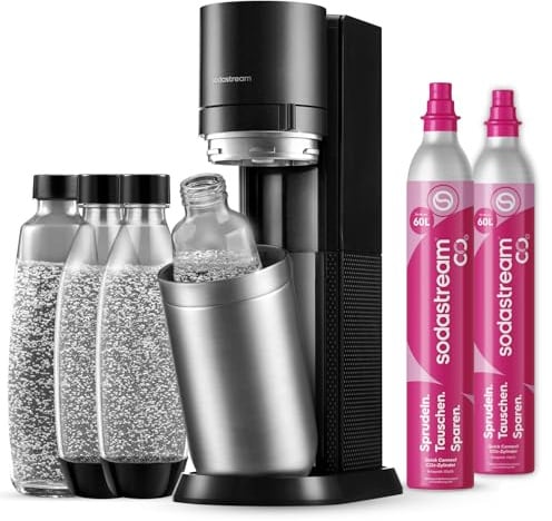 SodaStream – Duo Wassersprudler, inklusive 2x60-Liter CO2-Zylinder, 2x 1 Liter Glasflasche, 2x BPA-freie Flasche 1 Liter, spülmaschinengeeignet, umweltfreundlich & weniger Einweg-Plastikmüll, titan