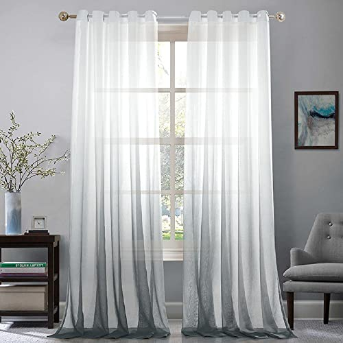 Lanqinglv Gardinen Vorhänge Transparent Farbverlauf Voile Sheer 2er Set Weiß Grau Vorhang mit Ösen Ösenschals Dekoschal Fensterschal für Schlafzimmer Wohnzimmer 132x160cm (B x H)