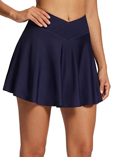 baleaf Damen Plissee Tennisrock Crossover High Waisted Golf Athletic Active Running Skorts Röcke Taschen Sport Rock mit Shorts Minirock Dunkelblau M