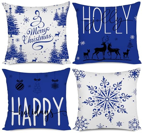 Miaikoe Blaue Weihnachten Kissenbezüge 55x55 Set von 4 Weihnachtsdekorationen Glückliche Feiertage Holly Jolly Schneeflocke Frohe Weihnachten Dekor Wurf Kissenbezug für Home Couch Sofa Deco
