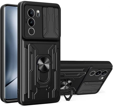 MEMELOKA Hülle für VIVO V29 5G, Hart PC Gehäuse und TPU Stoßfeste Bumper Handyhülle[Kamera Schiebeabdeckung][Drehbarer Ständer][Kartenfach Slot] - Schwarz