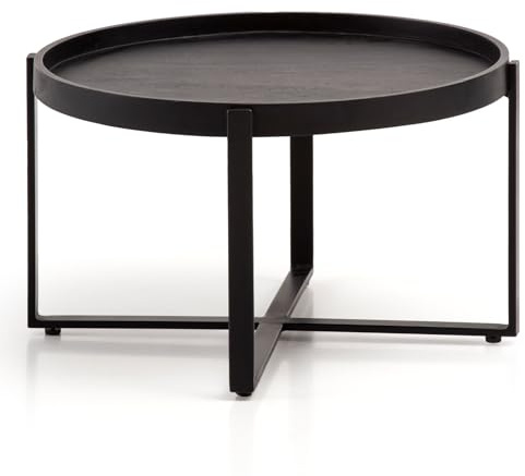 Wohnling Couchtisch Rund 60x60x35 cm Mango Massivholz mit Rand Schwarz | Wohnzimmertisch Industrial mit erhöhter Kante, Sofatisch massiv formschön, handgefertigtes Unikat, Kaffeetisch