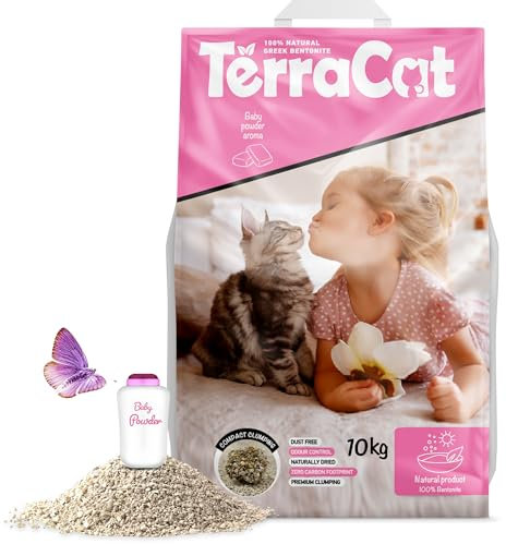 TerraCat Katzenstreu, 12.5L - 10Kg, 100% Natürlicher Griechischer Bentonit Klumpstreu, Hohe Saugfähigkeit für Katzen, Staubfrei, Babypuder Duft