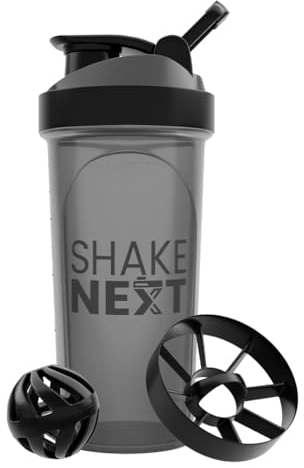 ShakeNext® | Proteinshaker Flasche 700ml mit Mixball + Mixsieb Kunststoff für Fitness Eiweiß & Protein-Shakes - Auslaufsicherer Deckel mit Schlaufe, Spülmaschinenfest (schwarz)