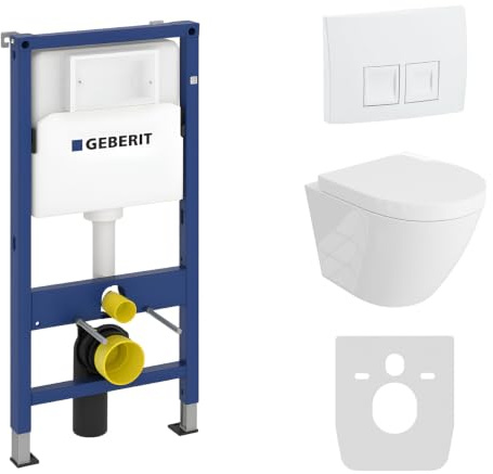 Lavita Duofix Basic Vorwandelement + Wand Tiefspül WC Sogo Weiß Spülrandlos + WC Sitz + Bedienplatte Delta 25 Weißer Knopf Komplettset Unterputz Spülkasten Toilette Komplett Sett WC