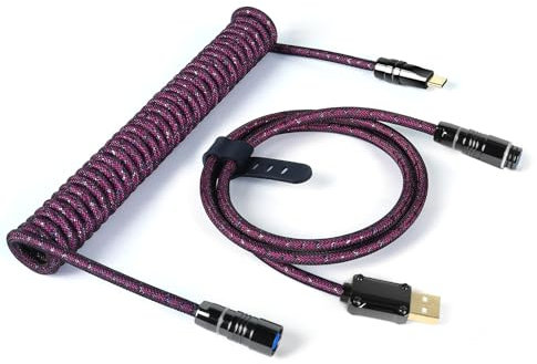 ZIYOU LANG & ATTACKSHARK C05 Custom Coiled Mechanical Keyboard Cable Double-Sleeved Braided Keyboard Cord with CNC Copper Detachable Aviator Connector 1.6M USB-C to USB-A for Keyboard/PC/Phone (Rose)