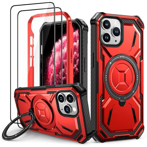 Lanhiem Handyhülle für iPhone 11 Pro Hülle mit 2 Stück Panzerglas und 360° Ring Ständer, Militärischer Stoßfest Schutzhülle für iPhone 11 Pro Case, Rot