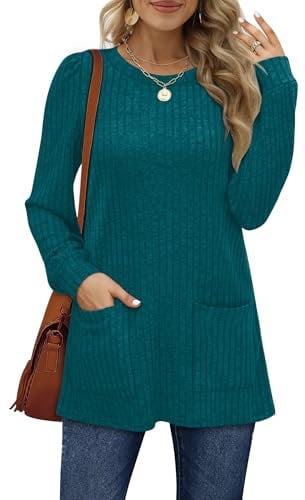 Aokosor Jumpers for Women Long Sleeve Autumn 2025 Loose T Shirts with Pockets Ladies Tops Teal Blue Size 14-16