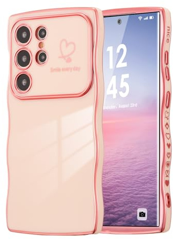 DEFBSC for Samsung Galaxy S22 Ultra Case Cute Wavy Plating,Pink | Curly Wave Shape Frame Cute Love Heart Cover for Girls Women, Full Camera Lens Protection Soft Durable TPU Shockproof Case