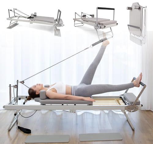 Pilates Reformer mit hohem Rückprallkissen, 120 kg Belastung, faltbares Yoga-Bett, Rahmen aus Aluminiumlegierung, 3 Stufen verstellbar, Gleitseil-Set – ideal für verschiedene Fitnessstufen