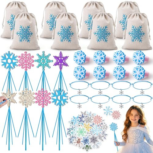 Toyssa Frozen Party Mitgebsel Kindergeburtstag mit Elsa Zauberstab Bastelset Aquarellstifte Kordelzugbeutel Schneeflocke Armbänder Ring Aufkleber Frozen Prinzessin Give Aways Eiskönigin Gastgeschenke