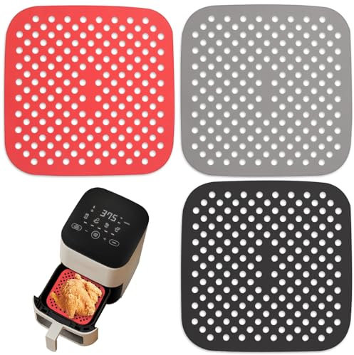 TYBYBB Alfombrillas Freidora Aire, 3 PCS Alfombrillas de Silicona Reutilizables Air Fryer Liner, Base Silicona Air Fryer Cuadrada, Antiadherentes, Accesorios Freidora de Aire (21,5cm)