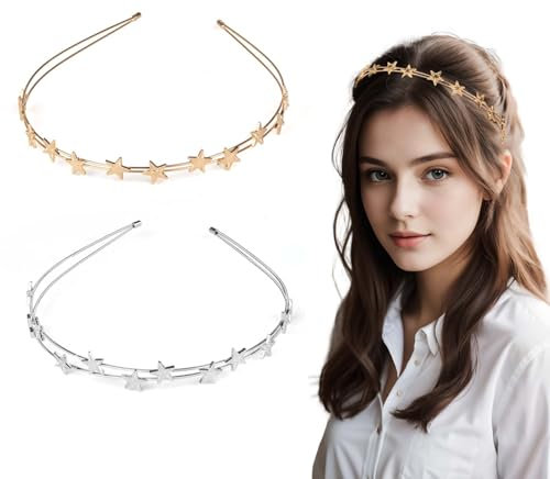 2 Stück Stern Stirnband Damen,Haarschmuck Haarreif Sterne,Doppelreihig Strass Haarband,Glitzer Haarschmuck Stern Kopfbedeckung,Metall Haarband Haarschmuck für Frauen Party Mädchen Braut Brautjungfern