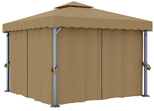 Homgoday Pavillon mit Vorhang 3x3 m Taupe Aluminium Pavillon Gartenpavillon Terrassenpavillon Sonnenschutz Gartenzelt Partyzelt Pergola Garten Terrasse Balkon