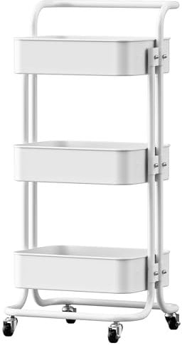 FUREINSTORE Carrito Auxiliar con Ruedas, Carro Organizador Metalico 3 Niveles Multiuso para Cocina, Baño, Dormitorio, Oficina, Fácil de Mover y Montar (Blanco)