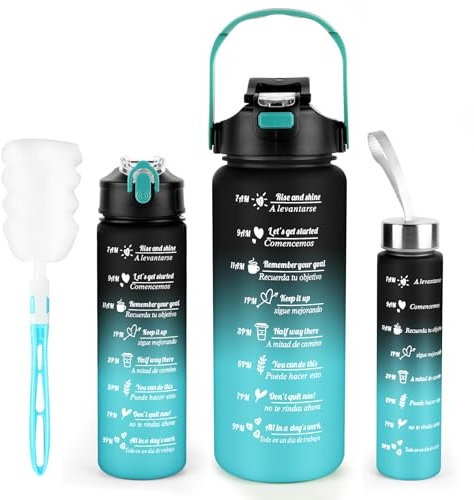 3 Pack Water Bottle BPA Free ,2L/800ML/300ML Sport Water Bottles with Straw & Brush,Motivational Time Markings, Leak-Proof, 2 Liters Gym Drinks Bottle for Adults Women, Running,Cycling-Black Blue