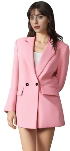 AGYMNX Women Blazer Elegant Jacket Suit Open Front Cardigan Lightweight Double Breasted with Pockets Office Business Meeting Spring Autumn Basic Casual Slim Fit S-L Pink L