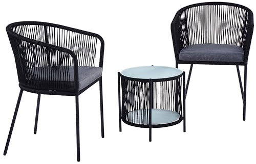 ESTEXO Balkonmöbel Set 2 Personen - Bistro Set Boho Style mit Balkontisch & Zwei Stühlen - Rope Geflecht inkl. Sitzauflagen - Outdoor Sitzgruppe für Balkon & Terrasse (Schwarz)