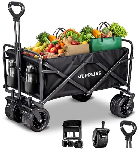 JUPPLIES Carro Plegable con Ruedas Grandes – Carro Playa, Jardín y Supermercado | Carrito Transporte Plegable Todoterreno, Asa Telescópica, Tela Resistente e Impermeable 150KG - L (90x49.5x59cm)