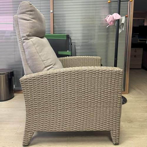 Fiutazge Relaxliege Verstellbare Rückenlehne Relaxsessel mit liegefunktion Liegesessel Rattanliege mit Abdeckung für Garten,Terrasse und Balkon-Braun Rattan und Grau Sitzkissen,TischLeft
