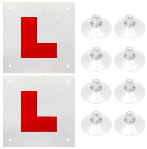 2-Pack Magnetic L Plates for Car and Motorbike UK, Reflective Learner Plates with Suction Cups for Inside Window, Reflect Light When Driving at Night New Driver Safety 