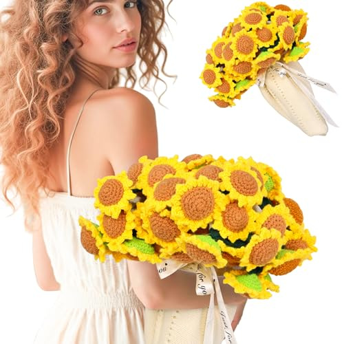 LOKOZ Sunflower Crochet Flower Bouquet Blanket, Teacher Appreciation, Mom Gifts for Mothers Day Grandma Birthday, Sunflower Gifts for Women friends Get Well, Knitted Floral Throw Blanket 31 Inches