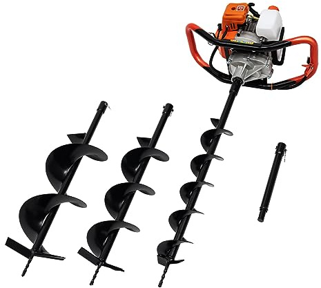 52cc 2-Stroke Petrol Earth Auger Heavy Duty Fence Post Digger Tool Petrol Auger Post Hole Digger with 3 Auger Drill Bits 10cm, 15cm, 20cm & 30cm Extension Pole for Installing Railings, Planting Trees