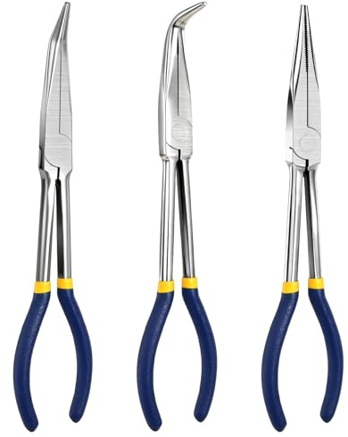 280mm Langnasenzangen Set, 3 Stück Spitzzangen Gerade 45° 90° Gebogen, Gerade Lange Spitzzange Zangen-Set mit Langer Reichweite für Elektro Feinmechanik Werkstatt
